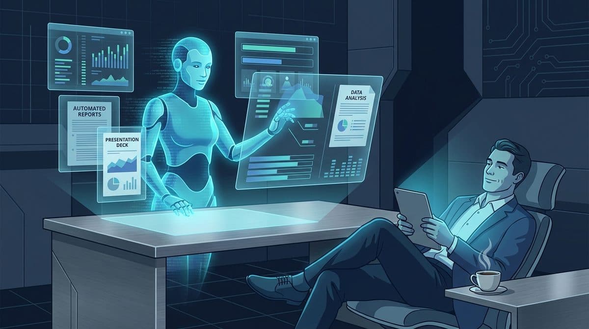 Illustration of the ChatGPT Work agent completing documents and spreadsheets autonomously while a professional reviews the results