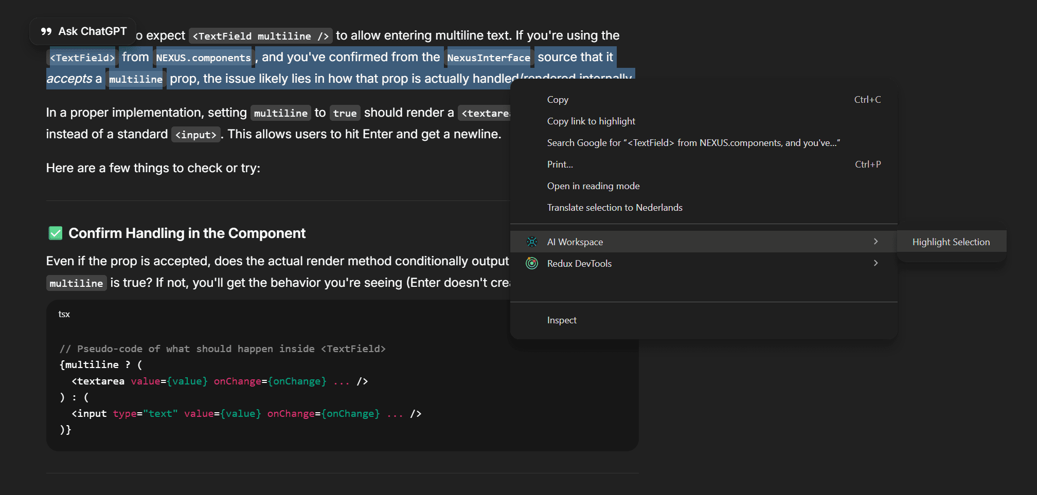 Creating a highlight inside an AI conversation