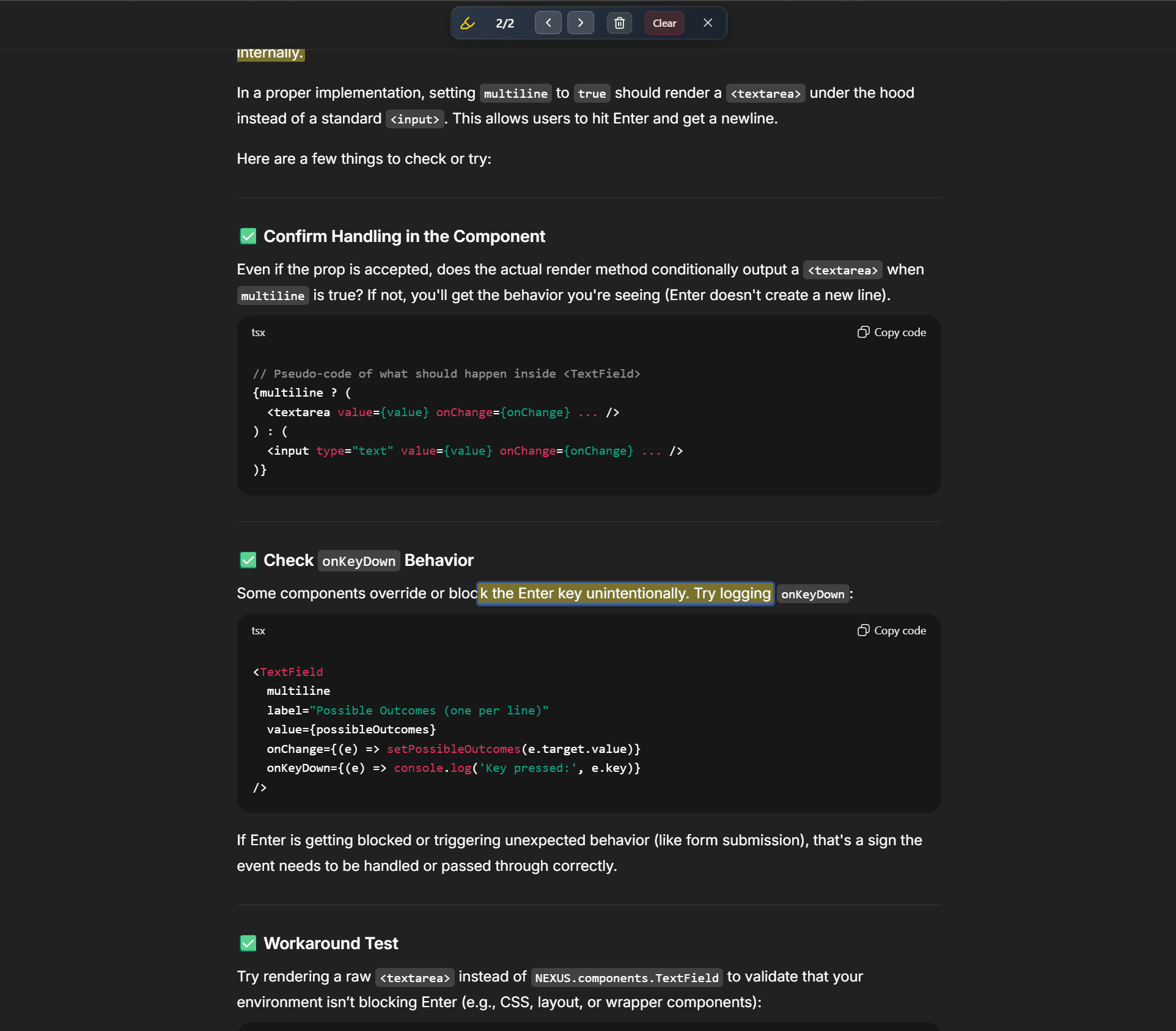 Navigation toolbar for browsing highlights