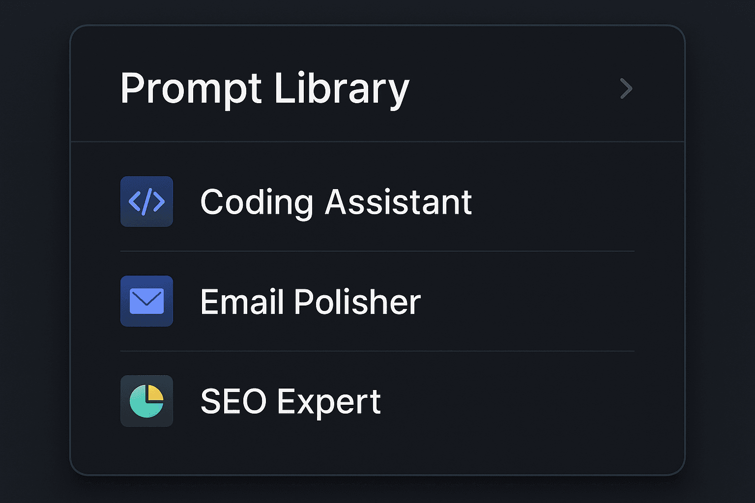 AI Workspace Pro prompt library interface showing saved prompts with tags, folders and pinned favorites