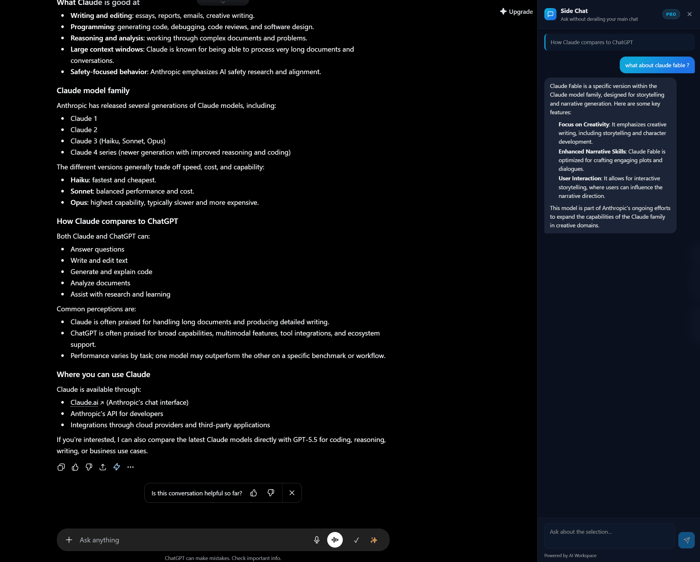 Selecting text in a ChatGPT answer shows the Side Chat button