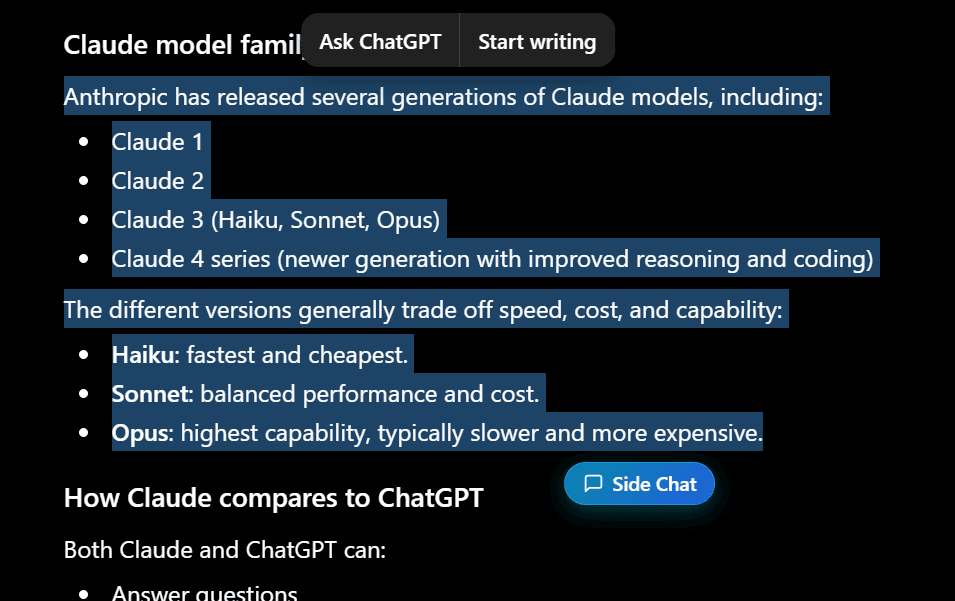 The Side Chat panel answering a follow-up question about the selected passage
