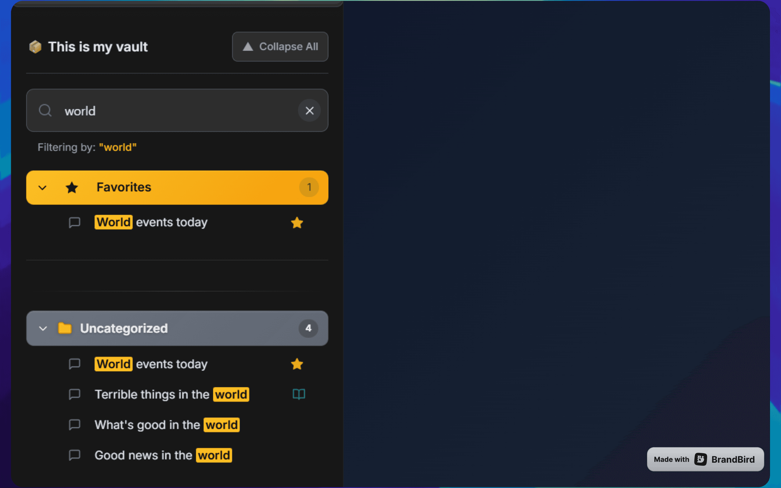 Full-text search results across ChatGPT conversations and workspaces in AI Workspace Pro